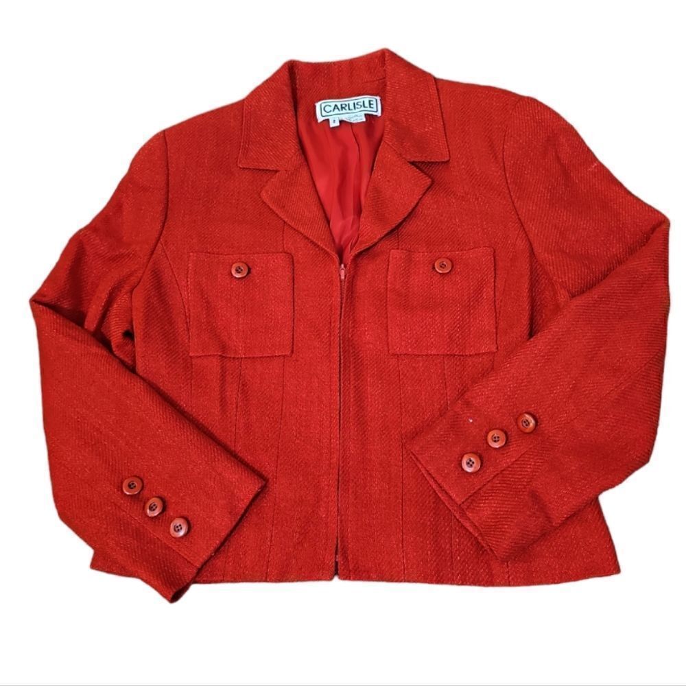 Carlisle Red Zippered Cropped Silk Blazer Size 8